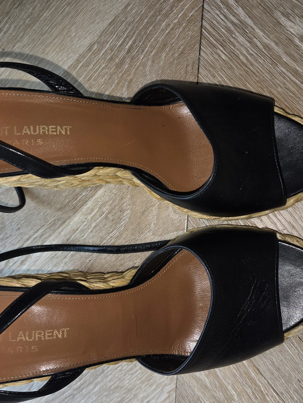 Yves Saint Laurent Black Leather Espadrille Wedge Sandals with Ankle Strap